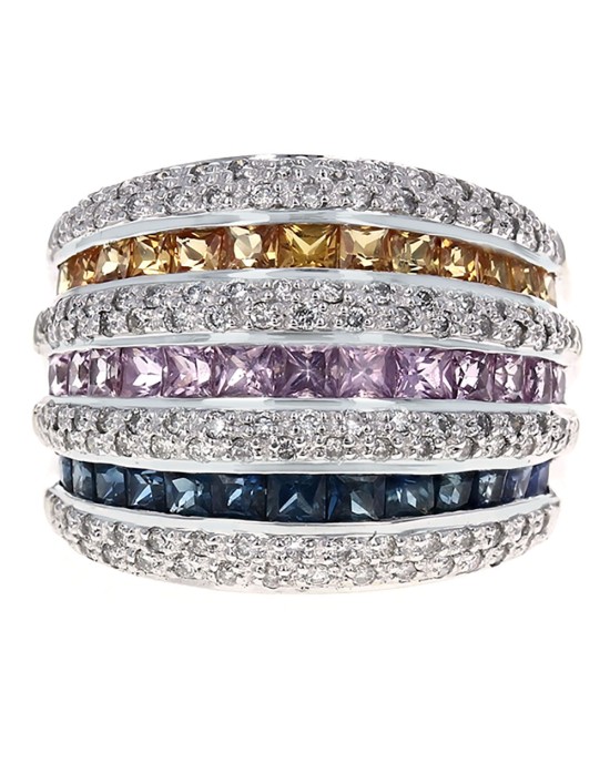 7 Row Alternating Pave Diamond and Multicolor Sapphire Ring in White Gold